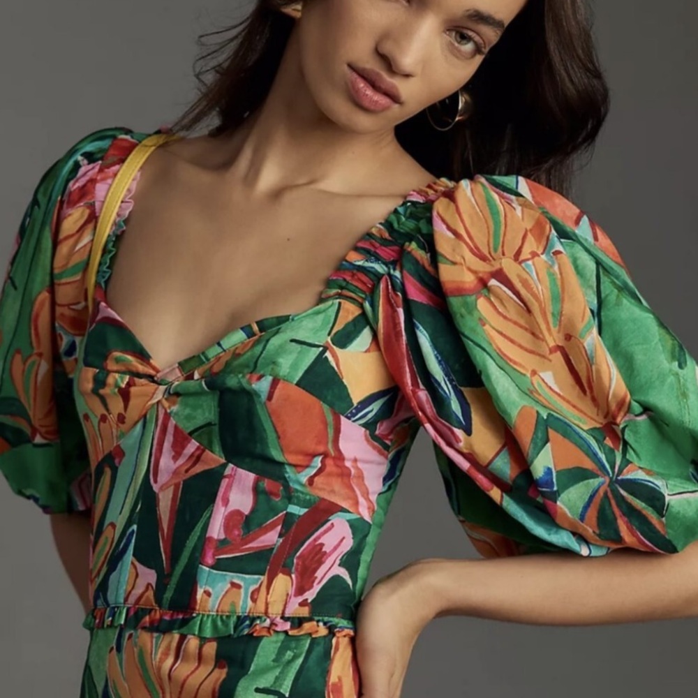 Farm Rio Midi vacation puff sleeve foliage dress RETAIL 450 - Picture 6 of 6